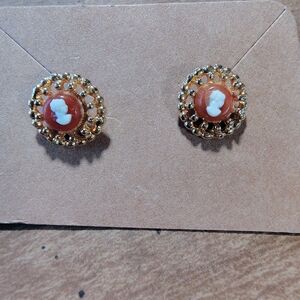 Gold and Brown Cameo Stud Earrings